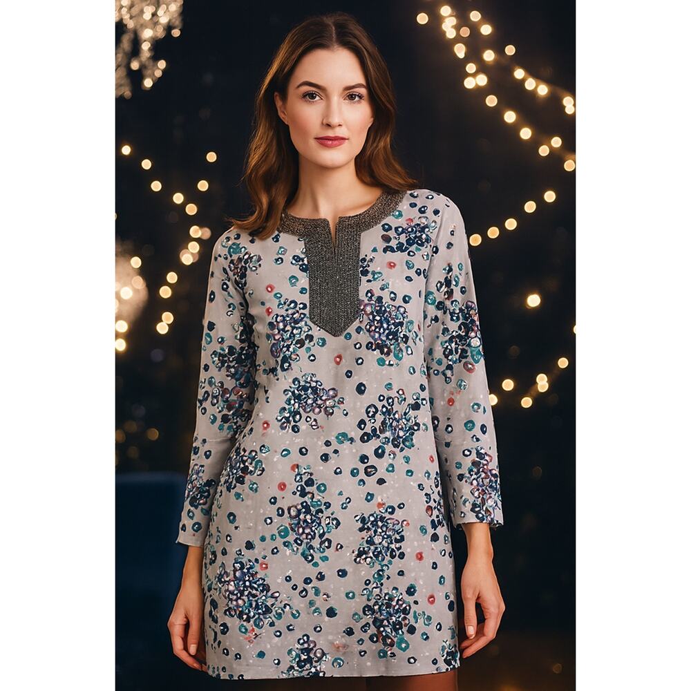 Boden Limited Edition Beaded Cotton Shift Dress - 12 Gray Boho Luxe Resortwear